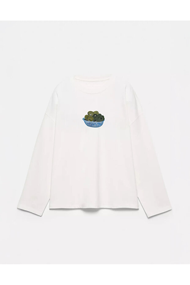 100% Cotton Oversize Fit Olive Printed - Crew Neck Long Sleeve T-Shirt