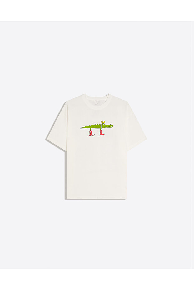 Crocodile Printed Crew Neck Oversize Trendy Women's T-Shirt