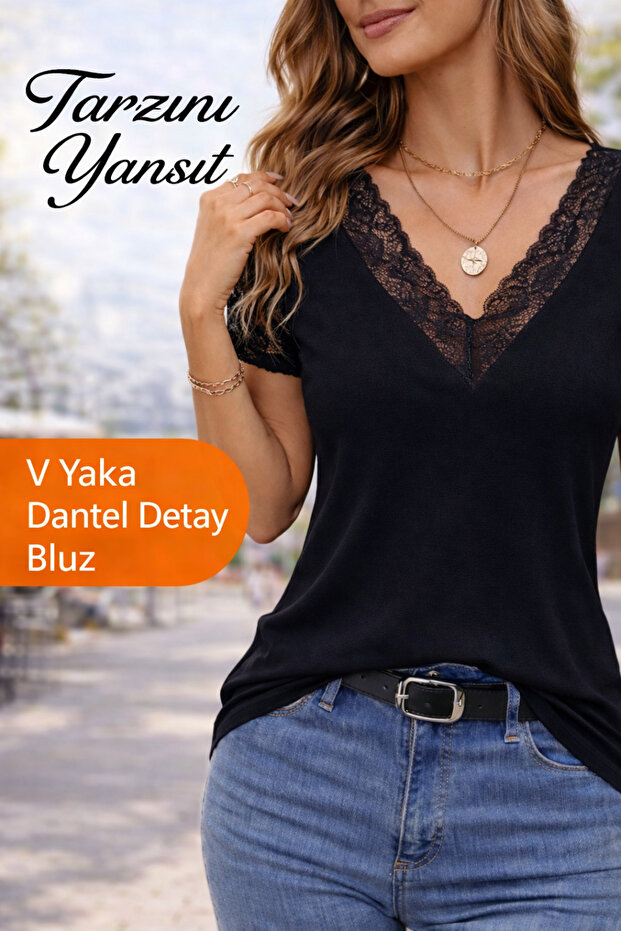 Women's Short Sleeve V-Neck Lace in Viscose Blouse