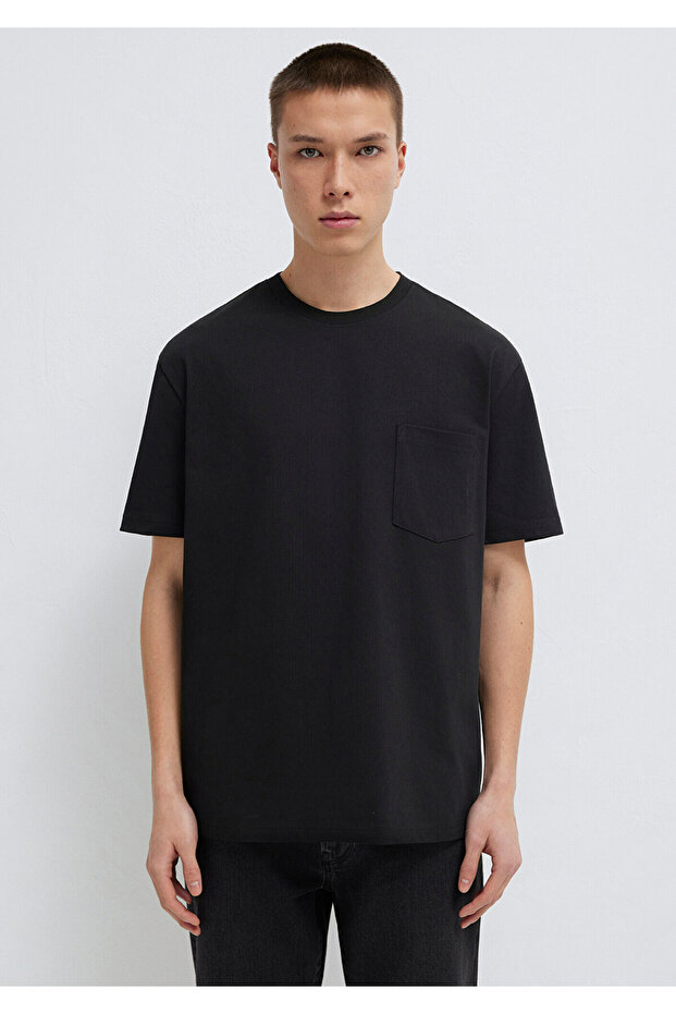 Cep Detaylı Siyah Basic Tişört Loose Fit / Bol Rahat Kesim 066248-900 - 3