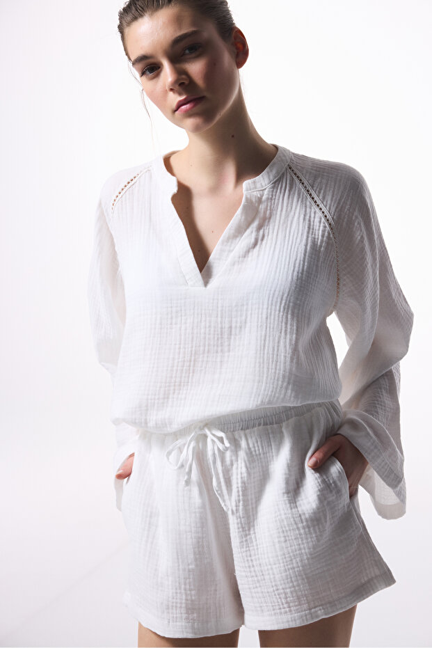 Lastikli Bel Normal Beyaz Kadın Şort - 4