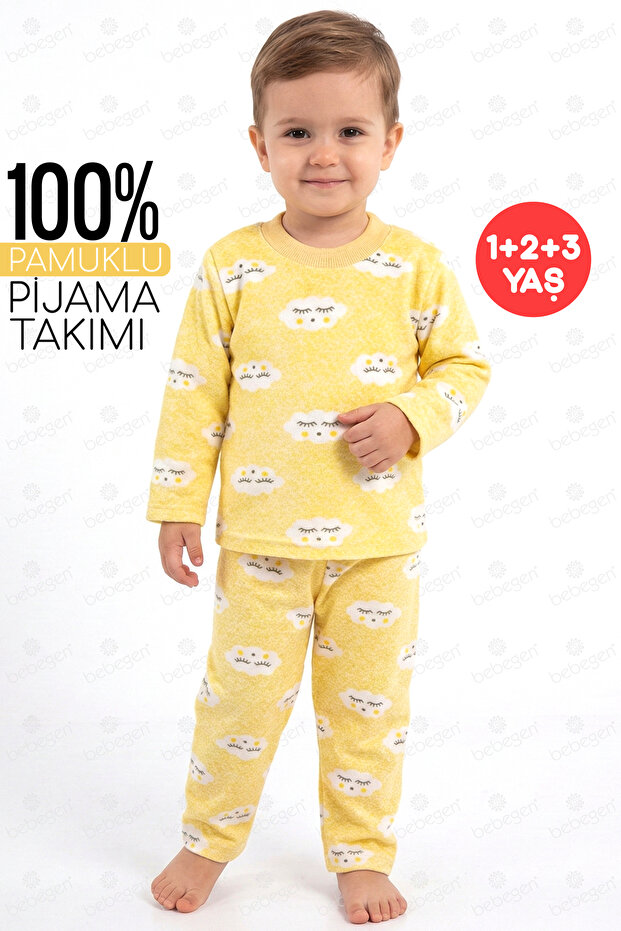 Cloud Patterned Bottom Top Yellow 2-Piece Pajama Set
