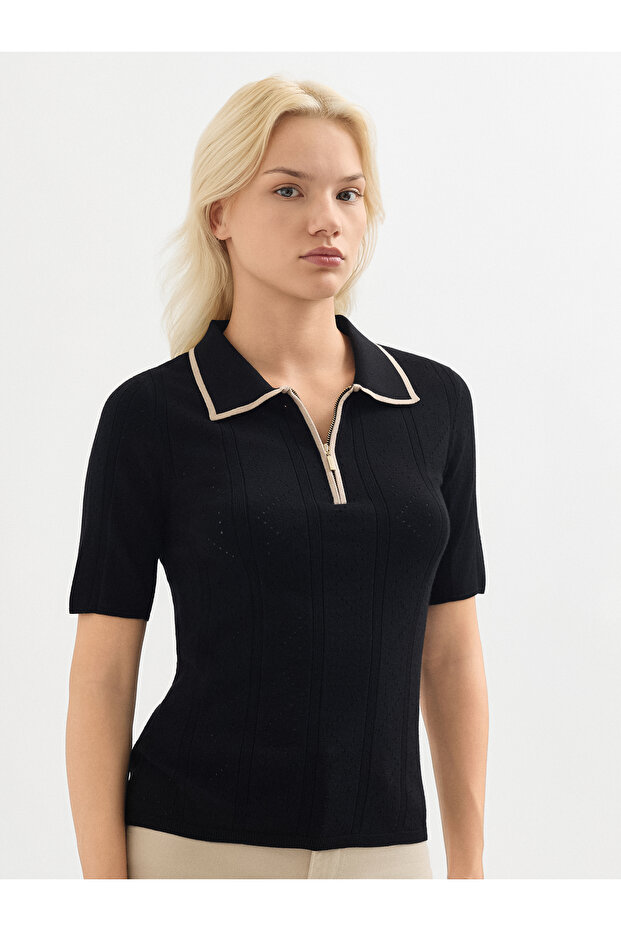 Siyah Polo Yaka Kısa Kollu Triko Kazak - 6