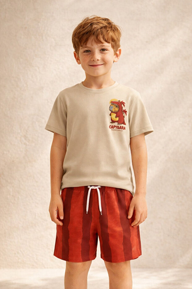 Capybara Printed Boys' T-Shirt Shorts Set – Jurassic Dino Themed Summer 2-Piece Set