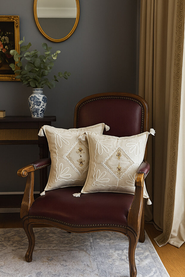 (2 Pcs) Buldan Handwoven Throw Pillow Cover 100% Cotton Laced with Guipure Lace 43X43