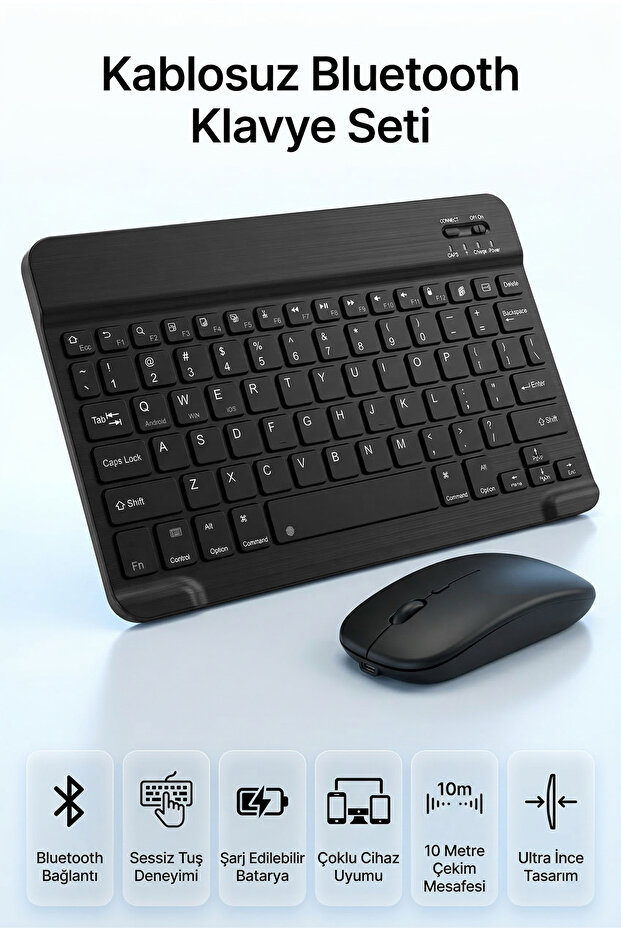 Arfseb Kablosuz Klavye Mouse Seti Telefon Tablet ve PC Uyumlu Wireless Sessiz Slim Tasarım- Siyah