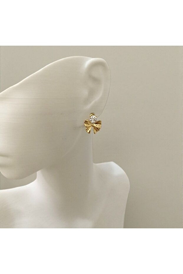 Small Gold Women's Earrings with Accessories Stones and Bow Figures