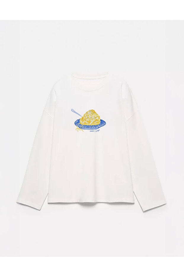 100% Cotton Oversize Fit Cacio E Pepe Printed - Crew Neck Long Sleeve T-Shirt