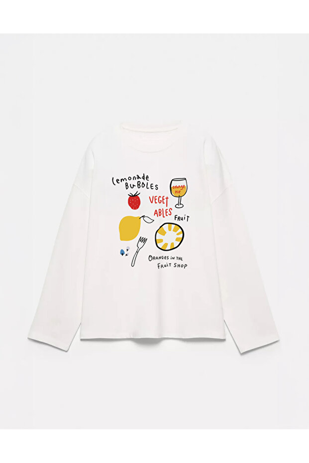 100% Cotton Oversize Fit Orange Pie Printed - Crew Neck Long Sleeve T-Shirt