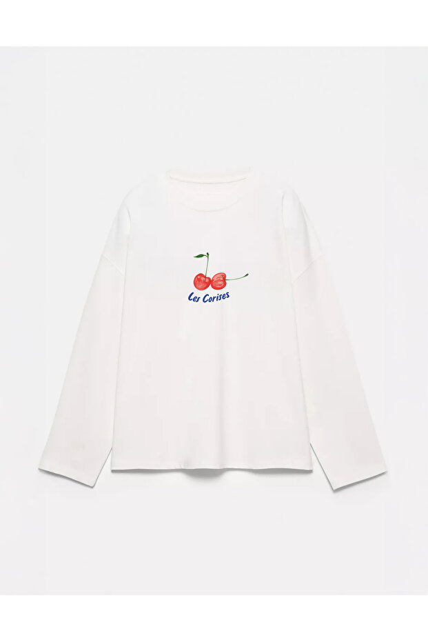 100% Cotton Oversize Fit Les Corises Printed - Crew Neck Long Sleeve T-Shirt
