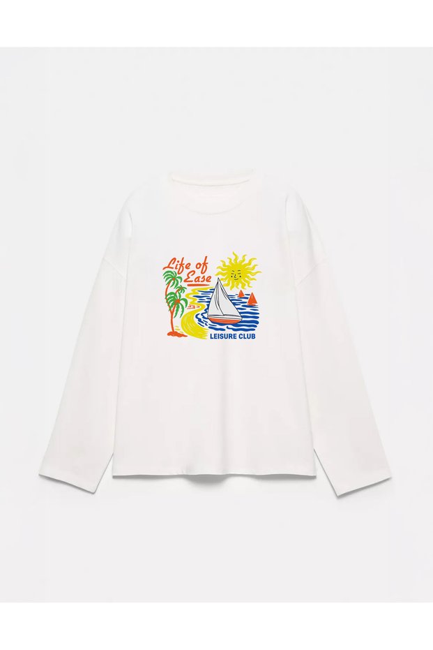 100% Cotton Oversize Fit Life of Ease Printed - Crew Neck Long Sleeve T-Shirt