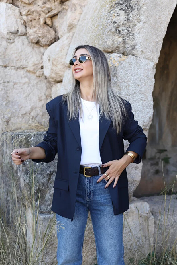 Navy Blue Oversized Polyviscose Blazer Jacket