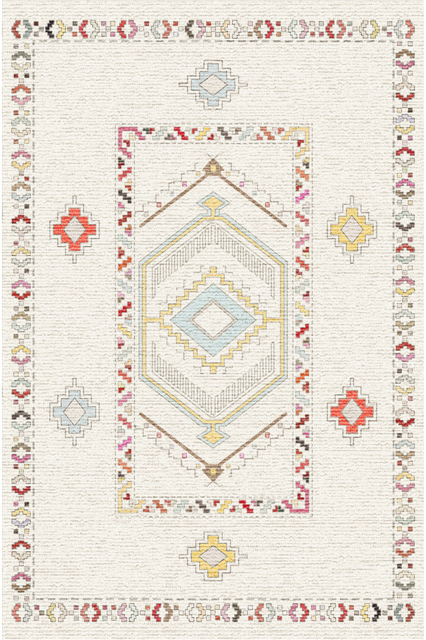Cream Background Ethnic Geometric Patterned Modern Rug Pastel Colored Decorative Living Room Carpet 2128