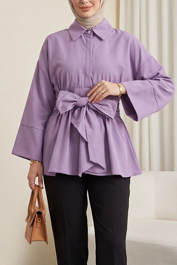 Beli Corseted Hidden Buttoned Belted Poplin Tunic -Lilac
