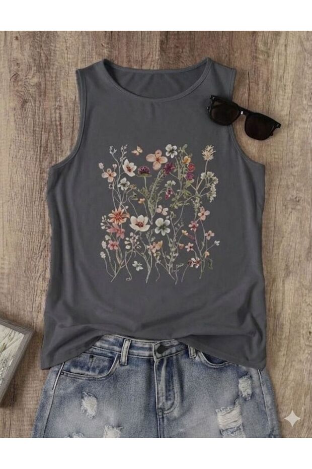Flowers Patterned Women's Cotton Off-The-Shoulder (Sleeveless) Summer T-Shirt
