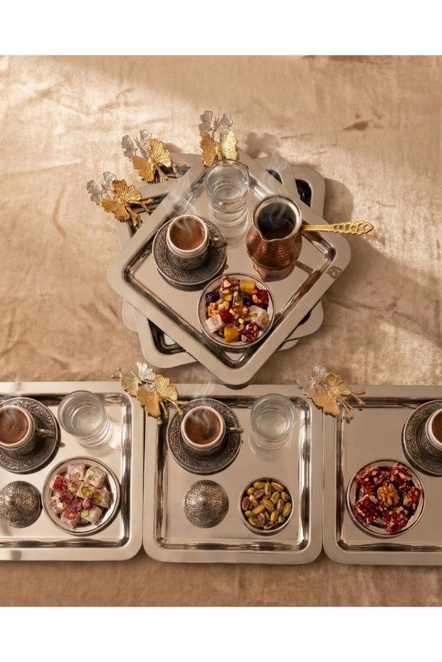 Square Stainless Steel Set of 6 Silver Coffee, Tea, Decorative Presentation Serving Promise Tray with Butterfly Accessories