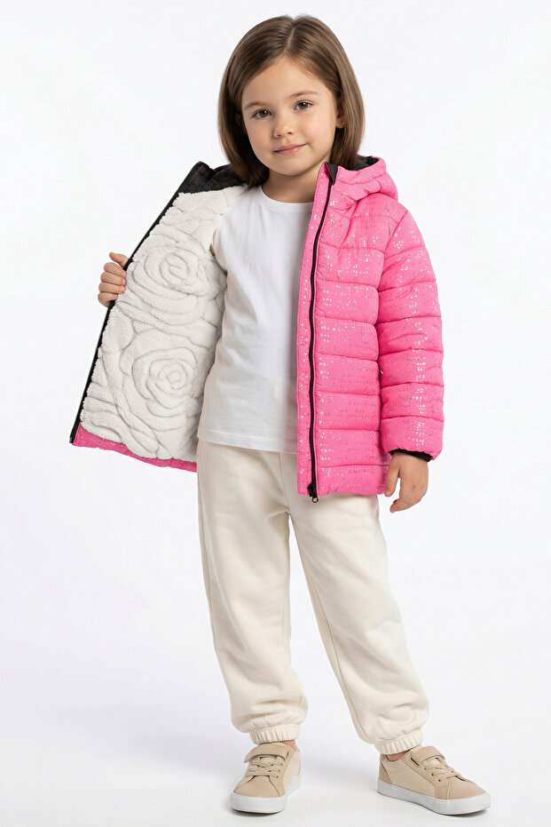 Girl's Fuchsia Glittery Shiny Plush Coat