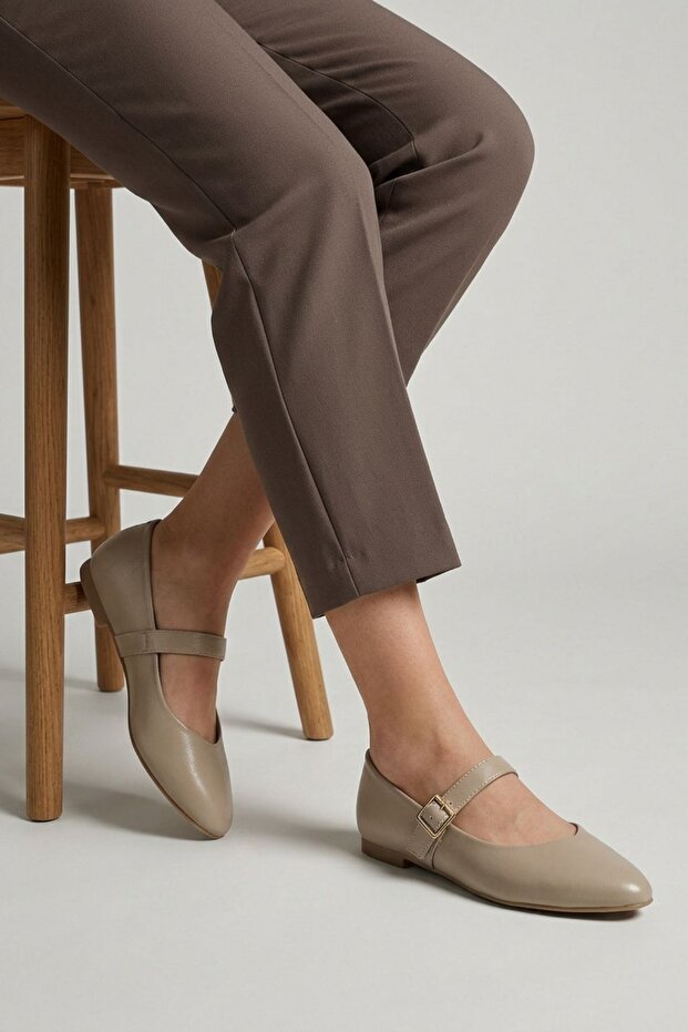 Beige Pointed Toe Ballet Flats 7042 - 1