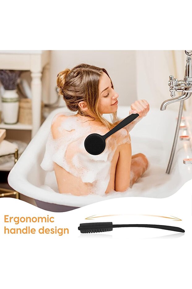 Silicone Back Scrubber Double Sided Bath Body Brush with Long Handle for Shower