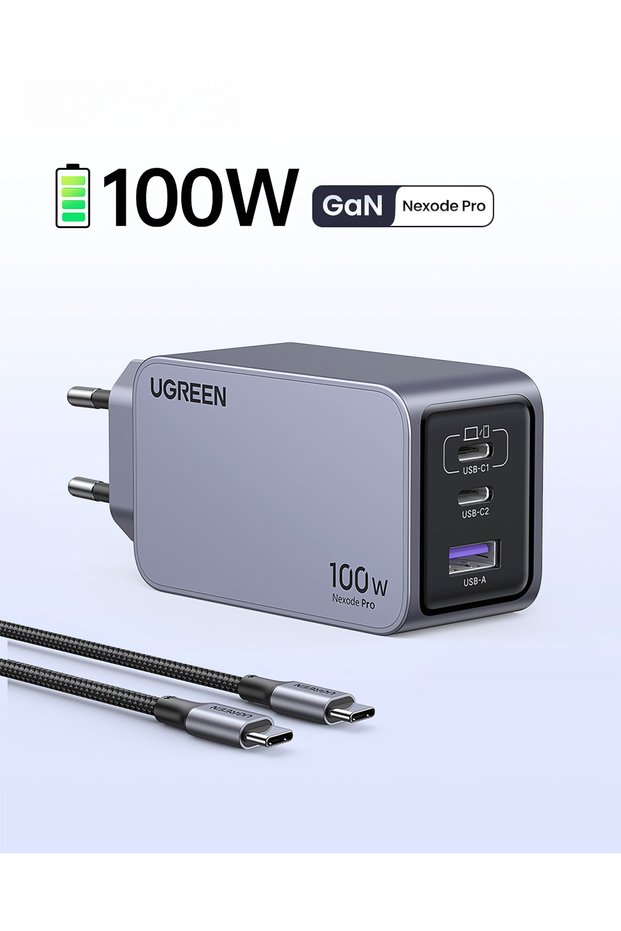 Nexode Pro 100W GaN Hızlı Şarj Cihazı USB-C QC PD 2xUSB-C, 1xUSB-A, Uzay Grisi, 25874