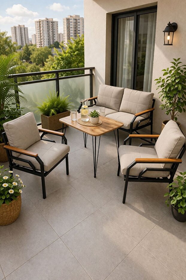 Dekoport Kutay Bahçe, Balkon, Çay Seti Koltuk Takımı, Metal Kanepe Güneşe Dayanıklı Kumaş 2-1-1 Masalı Krem