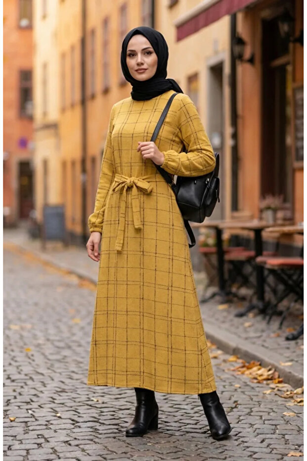 Striped Belted Elastic Sleeve Winter Dress 2505-02 Mustard