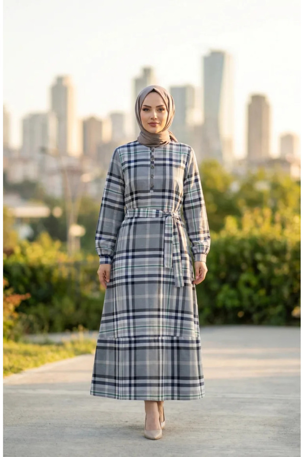 Plaid Patterned Belted Hijab Dress 2218-02 Navy Blue Green
