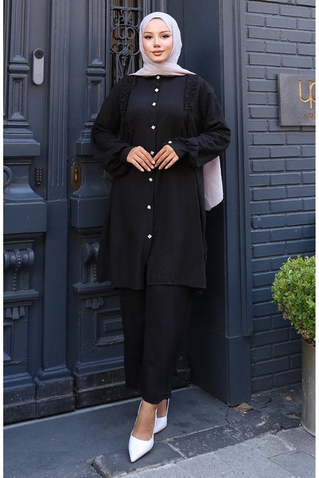 Ruffled Front Tunic Pants Double Set 2128-02 Black