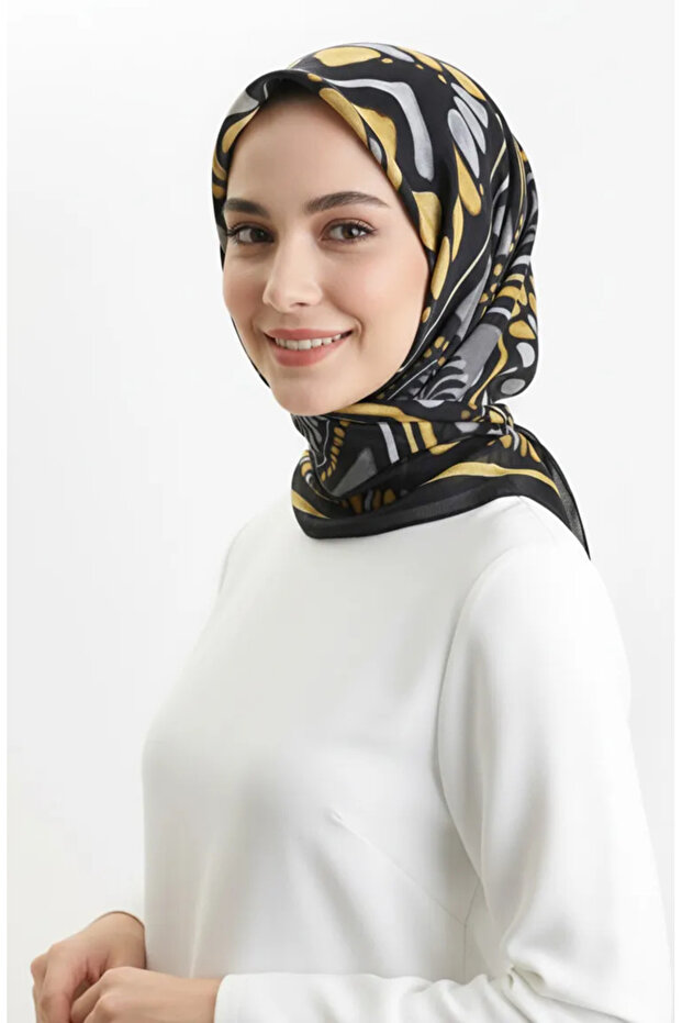 وشاح منقوش بالكركم 70326-09 أسود أصفر