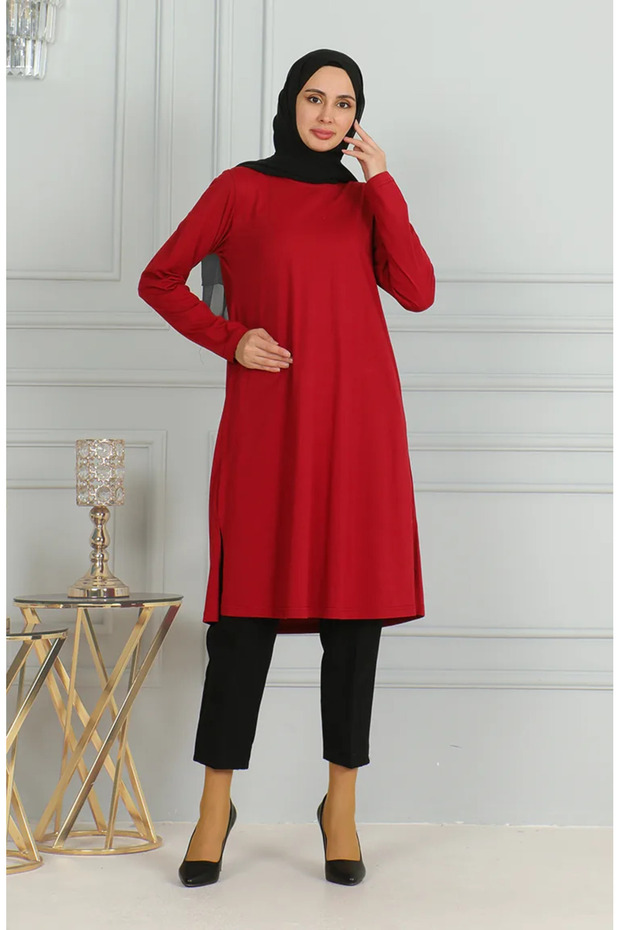 Claret Red Long Tunic 9141-02 - Slit Detailed