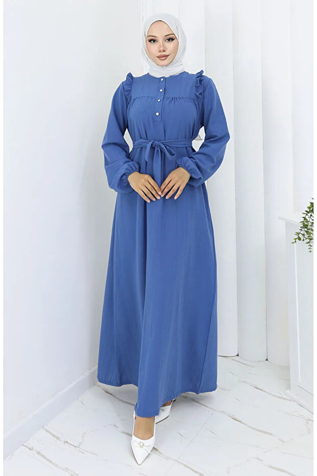 Ruffled belted dress 2064-03 indigo