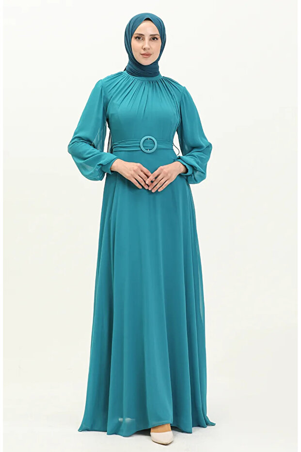 Pleated chiffon evening dress 5502-01 turquoise