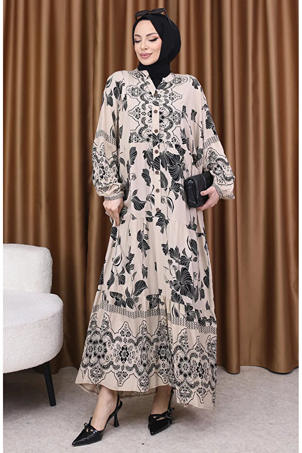 Balloon Sleeve Floral Patterned 5574-02 Mink Dress