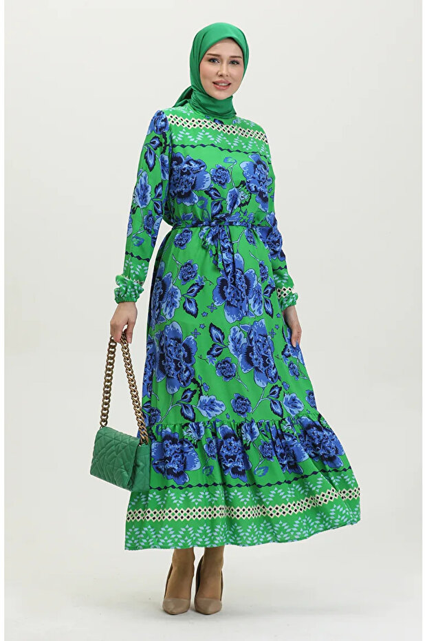 Viscose Large Floral Print Belted Dress 0386-01 Green