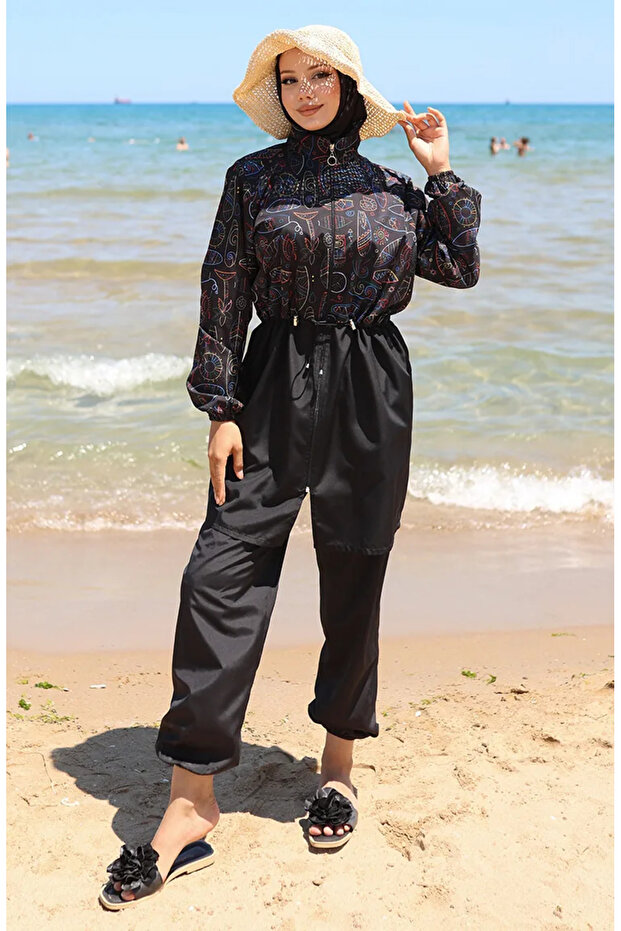 Elastic Waist Authentic Patterned Zippered Hijab Swimsuit with Bonnet Gift 9005C-01 Black Blue