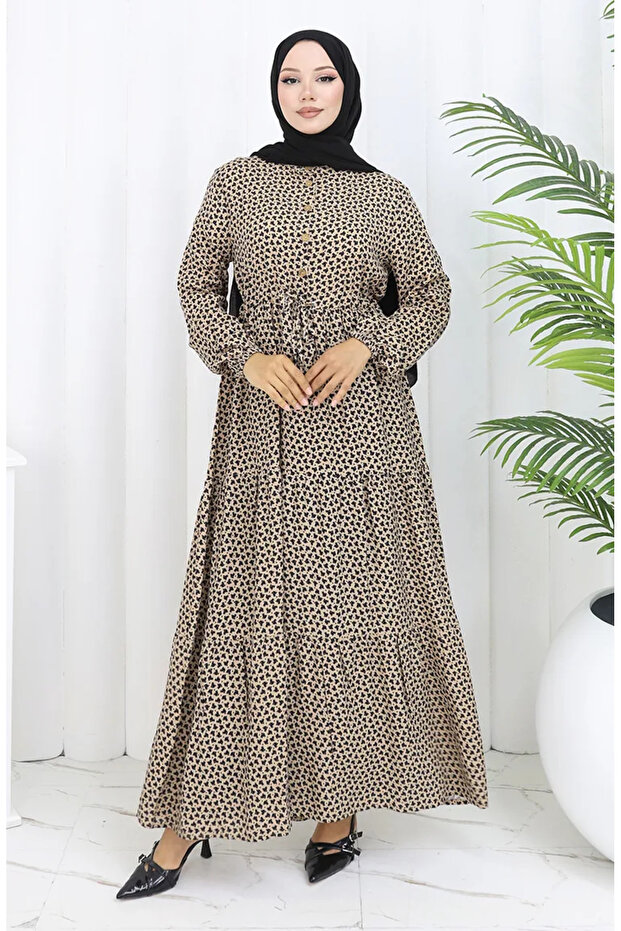 Gathered waist half button dress 0110-02 mink