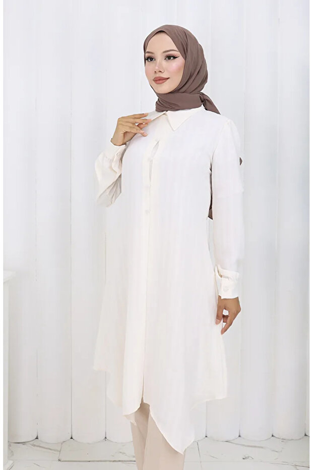 Printed Buttoned Tunic 1102-07 Ecru - 1