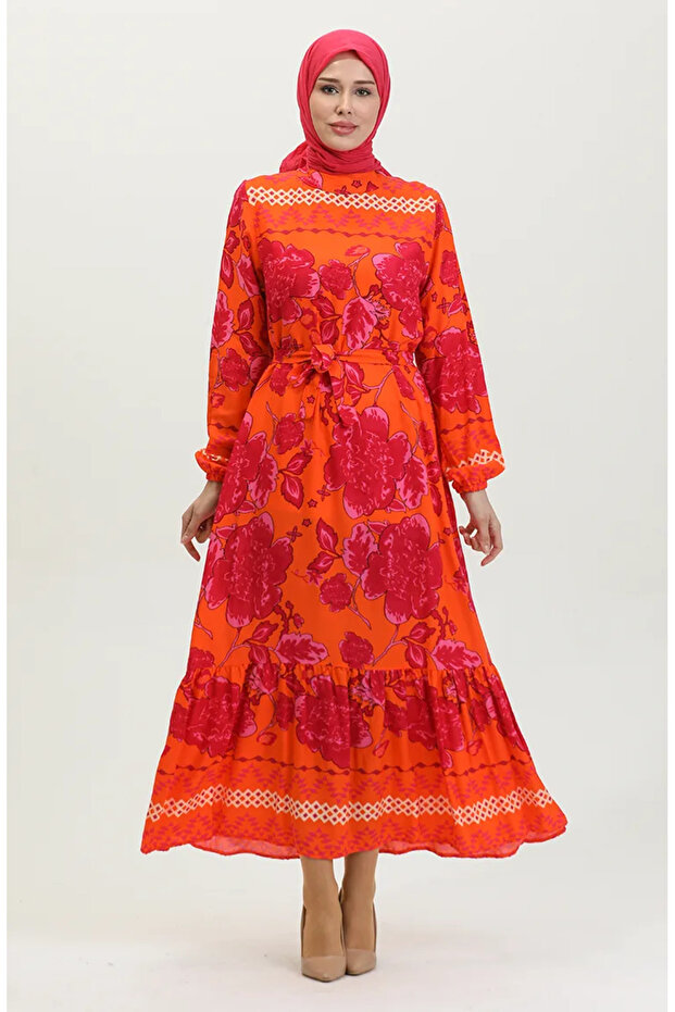 Orange Viscose Belted Large Flower Patterned Dress - 0386-02