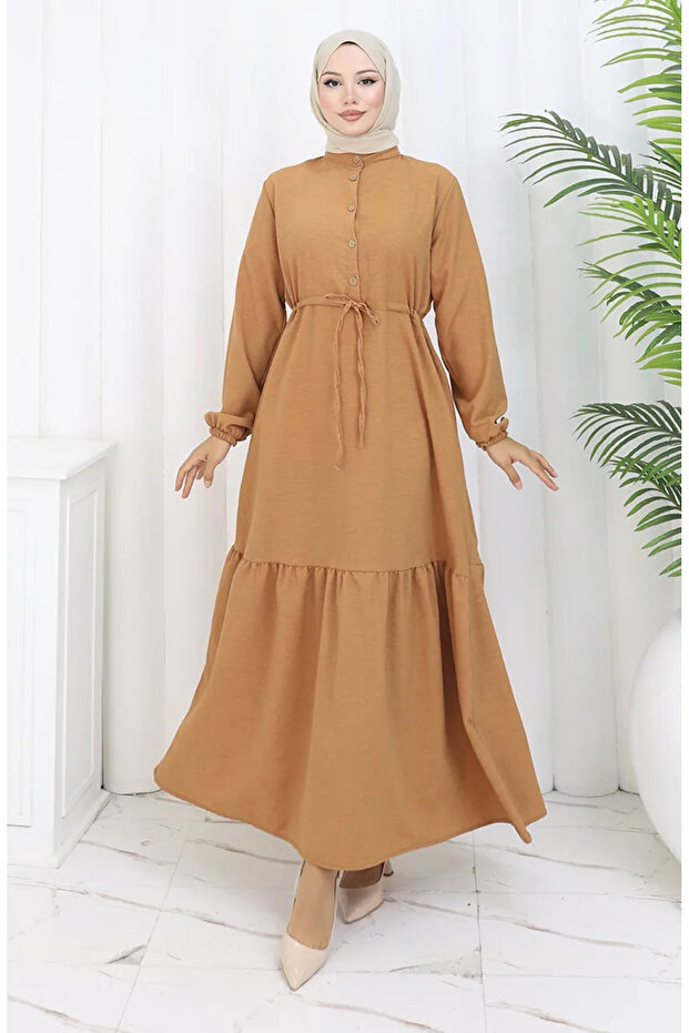 Beli Lace-Up Half Button Dress 0182-04 Tan
