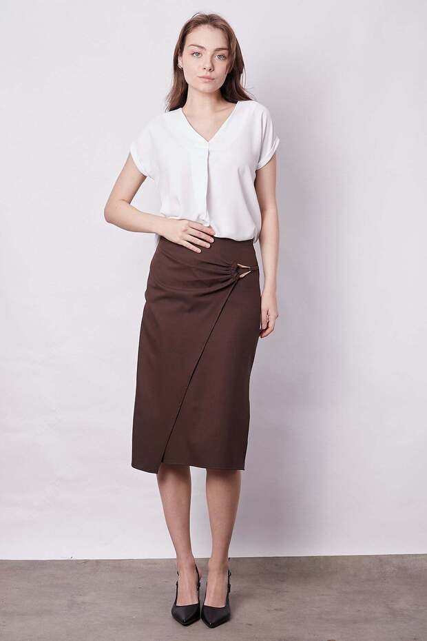 Women's Silky Crepe Fabric V-Neck Front Pleated Off-Shoulder Double Sleeve Blouse-Cream