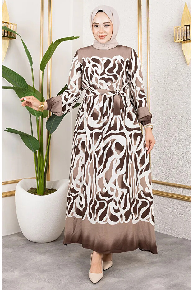 Patterned Dress with Elastic Waist 7127-01 Brown