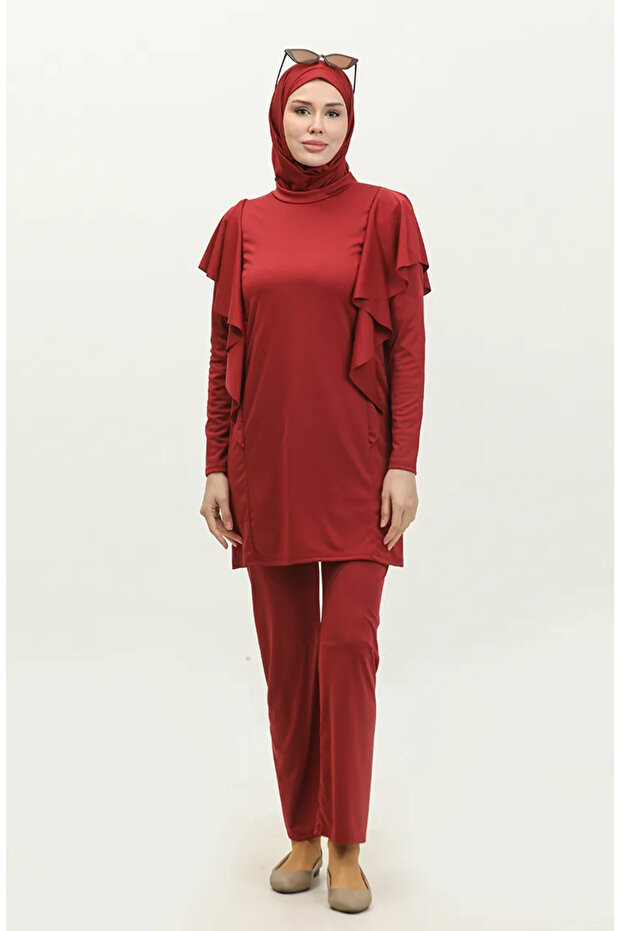 Ruffle Detailed 4-Piece Fully Covered Hijab Swimsuit 2225A-04 Claret Red