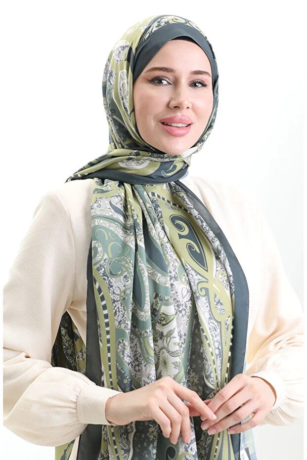 شال ناعم منقوش 70313-03 أخضر زيتي