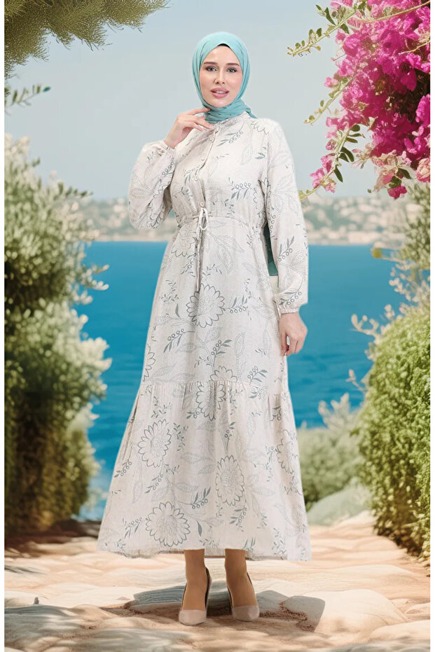 فستان كتان بأزرار أمامية وأربطة 0520C-02 بيج أخضر