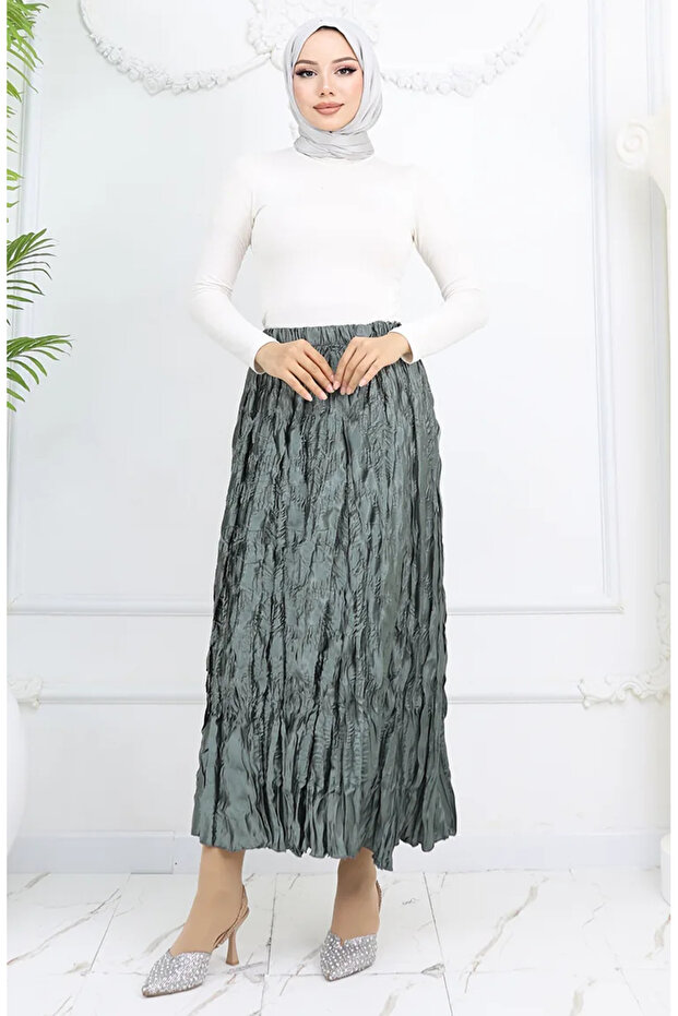 Elastic Waist Satin Skirt 0048-02 Mold Green