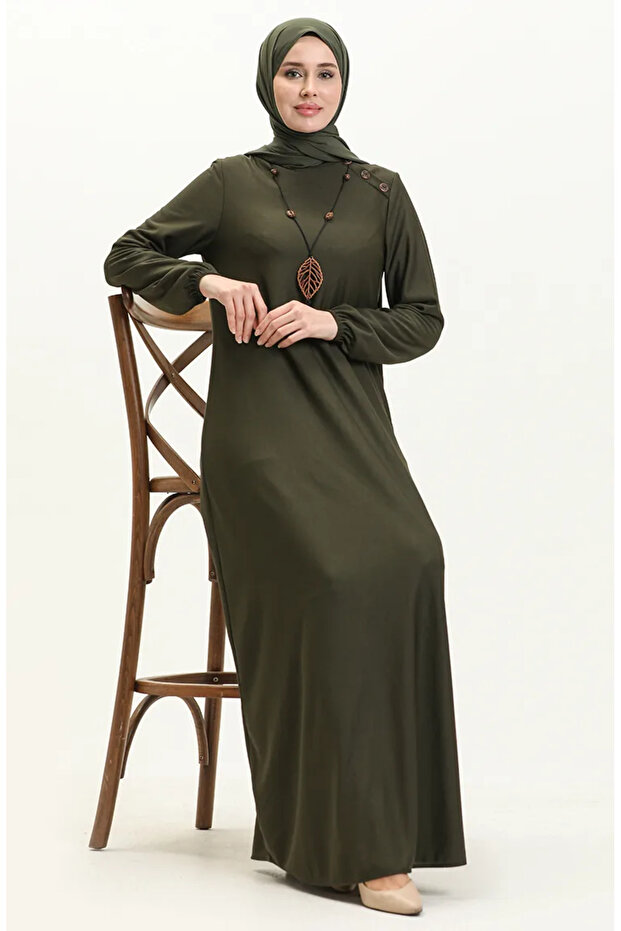 Button detailed necklace dress 4141-02 khaki