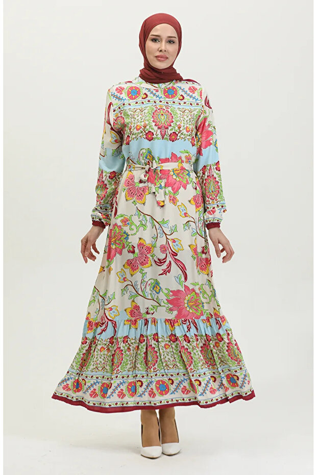 Beige Dried Rose Viscose Dress - Patterned and Belted, Model 0384-03