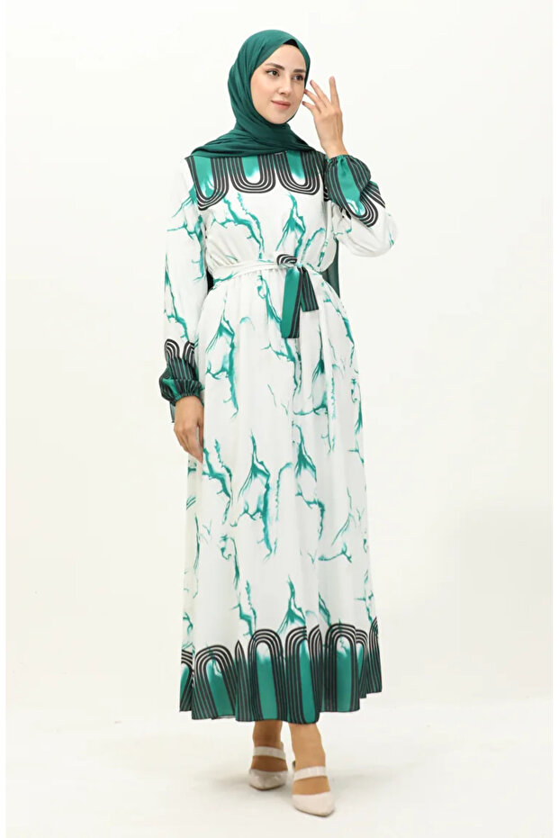Waist gathered digital printed dress 1115-04 green white