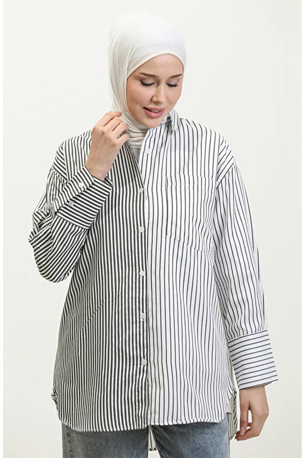 Paneled striped shirt 4808-01 black