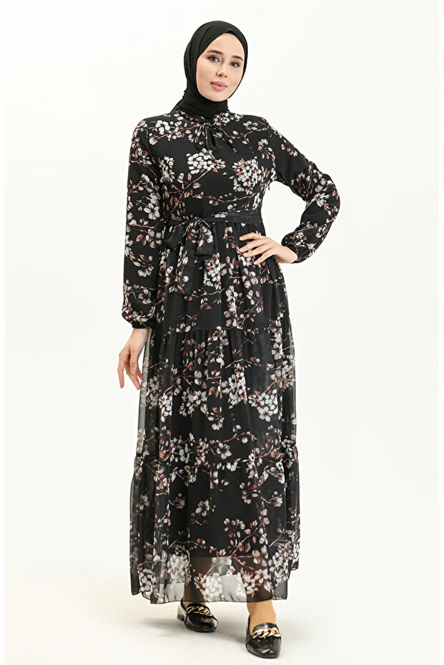 فستان شيفون بنمط الزهور 81823-01 أسود